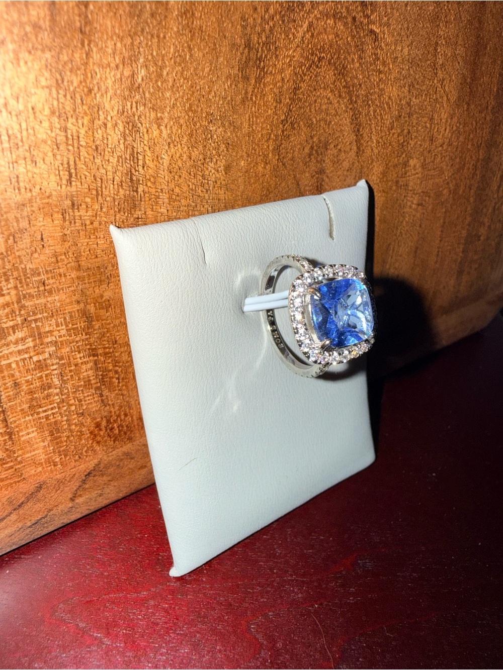 Silver Ring with Blue Cushion-Cut Center Stone and Halo - Picture 2 of 3
